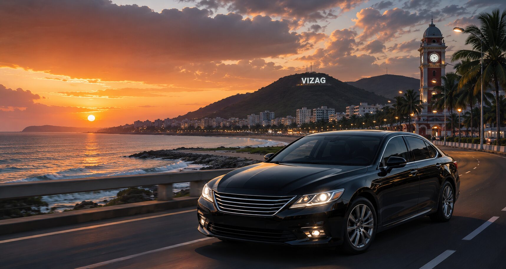 Private taxi on the highway out of Visakhapatnam at sunset